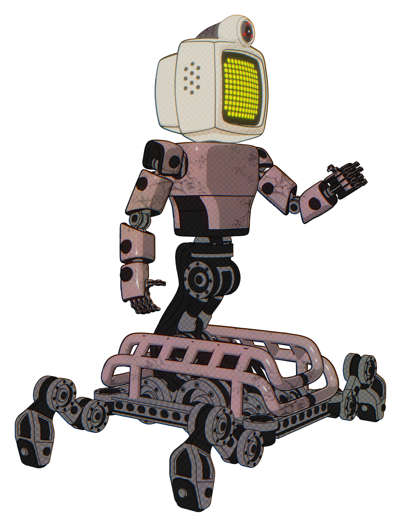 Android containing old computer monitor and yellow circle array display and retro-futuristic webcam and light chest exoshielding and prototype exoplate chest and insect walker legs. Powder pink metal.