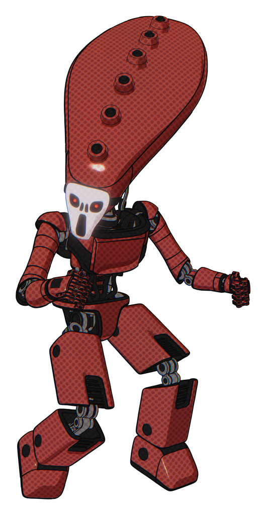 Cyborg containing flat elongated skull head and light chest exoshielding and ultralight chest exosuit and prototype exoplate legs. Light brick red. Fight or defense pose..