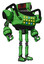 Automaton containing dual retro camera head and clock radio head and heavy upper chest and colored lights array and ultralight foot exosuit. Secondary green halftone. Hero pose.