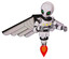Mech containing grey alien style head and green inset eyes and light chest exoshielding and yellow chest lights and pilot's wings assembly and jet propulsion. White halftone toon.