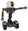 Bot containing old computer monitor and pixel line eyes and red buttons and heavy upper chest and no chest plating and tank tracks. Powder pink metal. Pointing left or pushing a button..