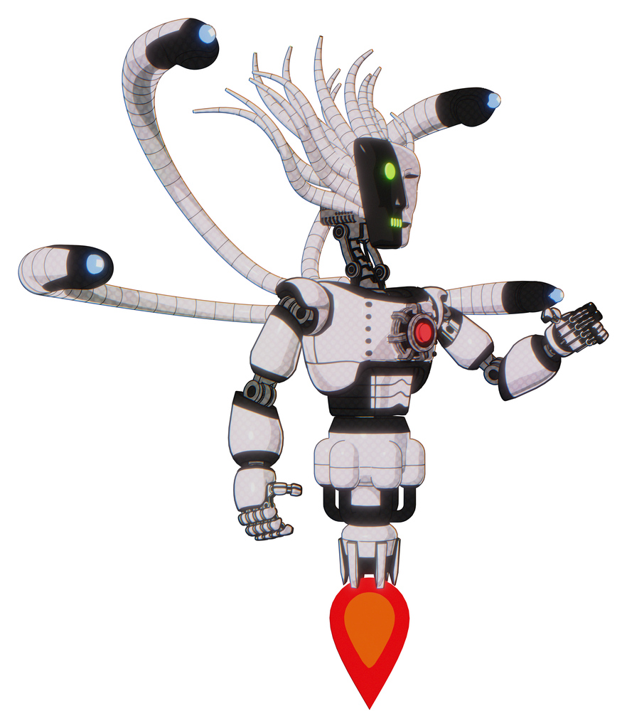 Cyborg containing humanoid face mask and two-face black white mask and light chest exoshielding and red energy core and blue-eye cam cable tentacles and jet propulsion. White halftone toon.