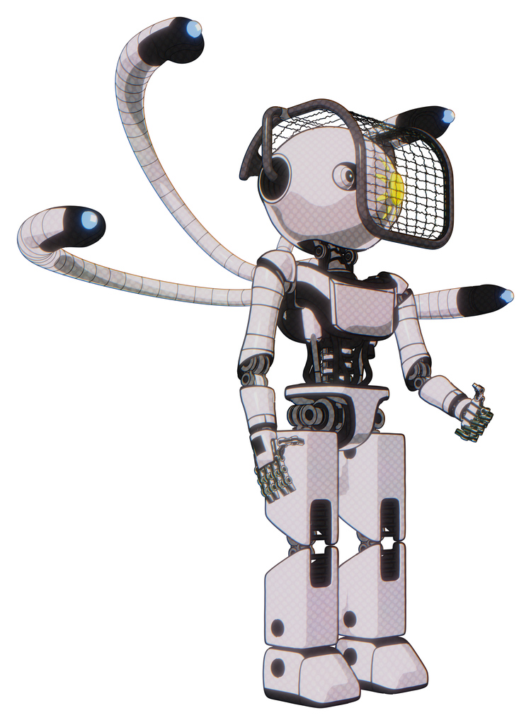 Bot containing oval wide head and sunshine patch eye and barbed wire visor helmet and light chest exoshielding and ultralight chest exosuit and blue-eye cam cable tentacles .