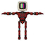 Automaton containing old computer monitor and please stand by pixel design and light chest exoshielding and chest valve crank and ultralight foot exosuit. Grunge dots cherry tomato red. T-pose.