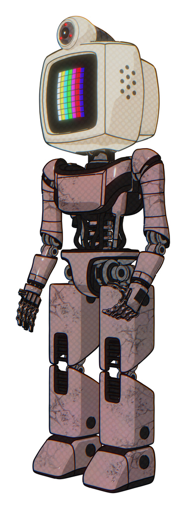 Droid containing old computer monitor and please stand by pixel design and retro-futuristic webcam and light chest exoshielding and ultralight chest exosuit and prototype exoplate legs.