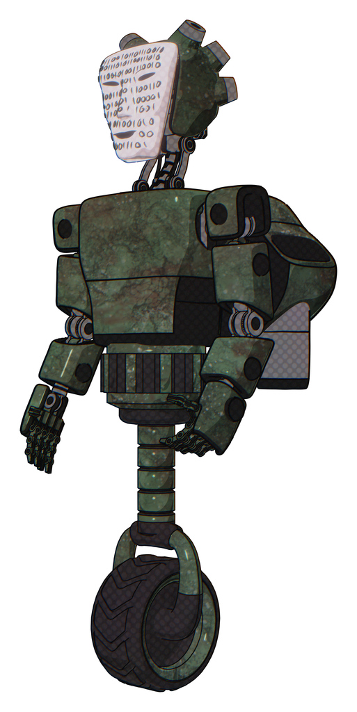 Automaton containing humanoid face mask and binary war paint and light chest exoshielding and prototype exoplate chest and rocket pack and unicycle wheel. Old corroded copper. Facing right view.