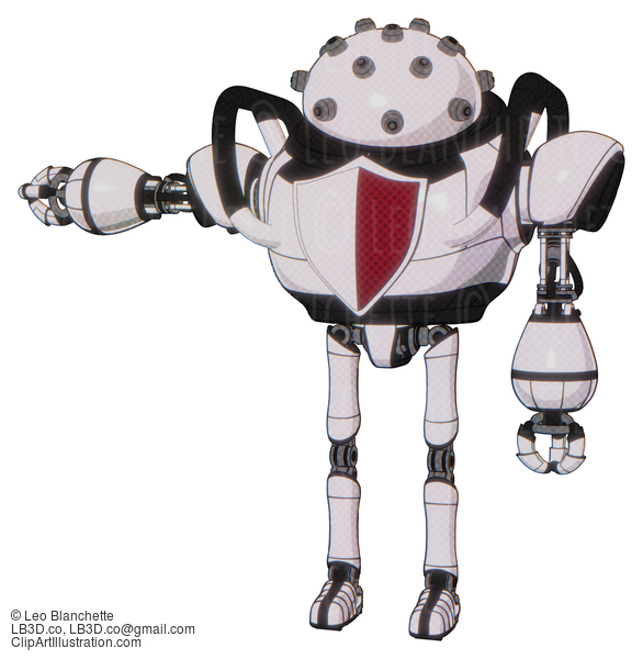 Android Containing Plughead Dome Design And Heavy Upper Chest And Red Shield Defense Design And Ultralight Foot Exosuit. White Halftone Toon. Arm Out Holding Invisible Object.. #16856