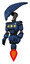 Robot containing flat elongated skull head and light chest exoshielding and yellow chest lights and jet propulsion. Dark blue halftone. Facing right view.