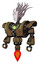 Cyborg containing humanoid face mask and red slashes war paint and heavy upper chest and heavy mech chest and green energy core and jet propulsion. Old copper. Standing looking right restful pose.
