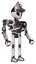 Robot containing grey alien style head and black eyes and alien bug creature hat and heavy upper chest and no chest plating and ultralight foot exosuit. White halftone toon. Facing left view.