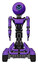 Mech containing dual retro camera head and small happy face round head and light chest exoshielding and ultralight chest exosuit and six-wheeler base. Secondary purple halftone. Front view.