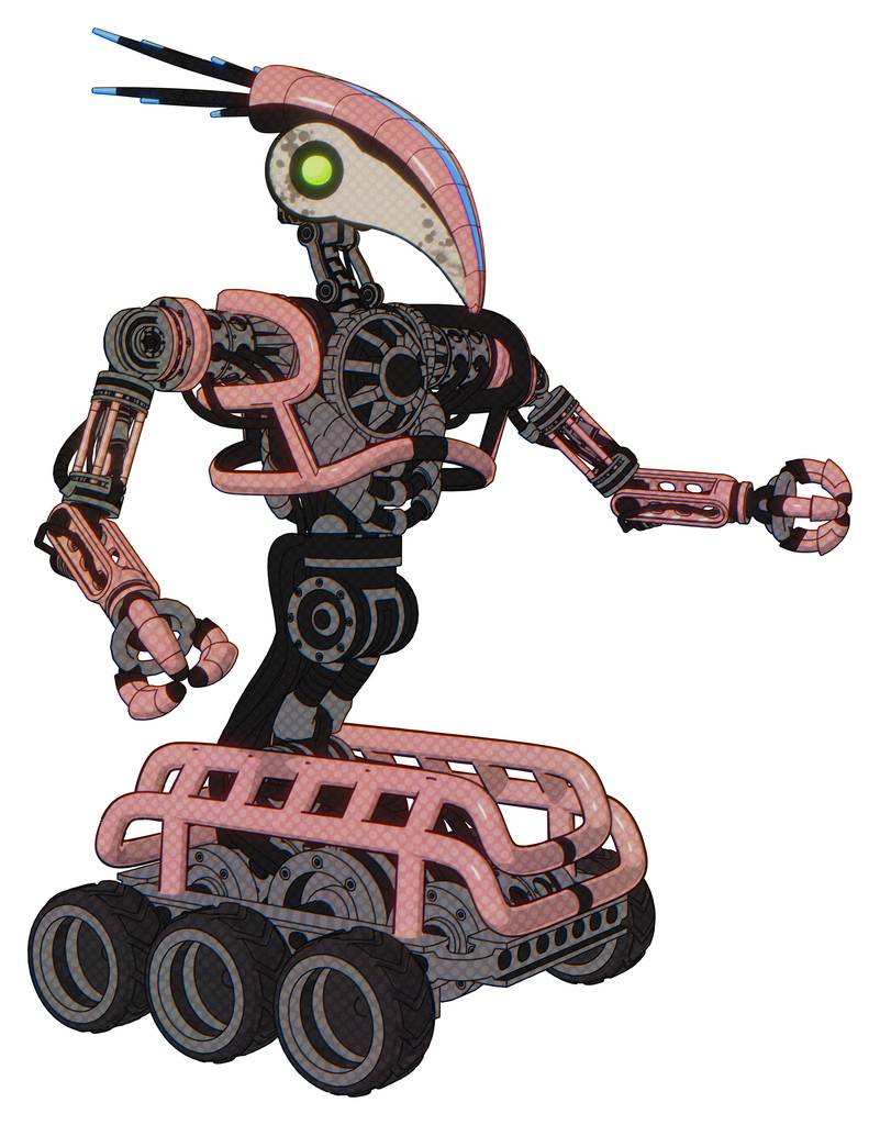 Mech containing bird skull head and green eyes and head shield design and heavy upper chest and no chest plating and six-wheeler base. Toon pink tint. Interacting.