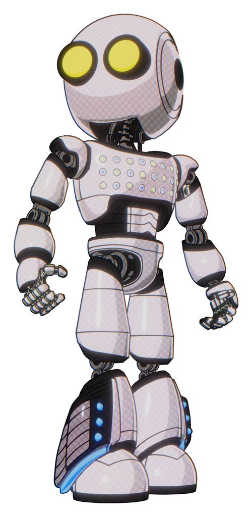 Droid containing round head and large yellow eyes and light chest exoshielding and chest green blue lights array and light leg exoshielding and megneto-hovers foot mod. White halftone toon. Hero pose.