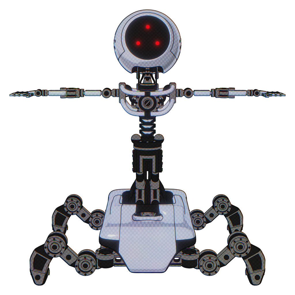 Droid containing three led eyes round head and light chest exoshielding and no chest plating and insect walker legs. Blue tint toon. T-pose.