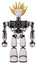 Robot containing humanoid face mask and heavy upper chest and no chest plating and light leg exoshielding. White halftone toon. Front view.