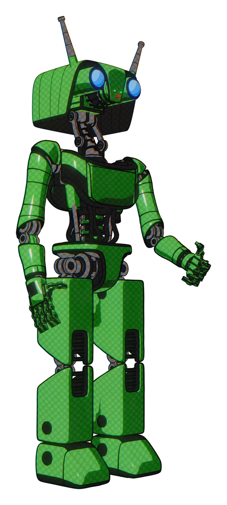 Droid containing dual retro camera head and cyborg antenna head and light chest exoshielding and ultralight chest exosuit and prototype exoplate legs. Secondary green halftone. Facing left view.