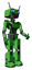 Droid containing dual retro camera head and cyborg antenna head and light chest exoshielding and ultralight chest exosuit and prototype exoplate legs. Secondary green halftone. Facing left view.