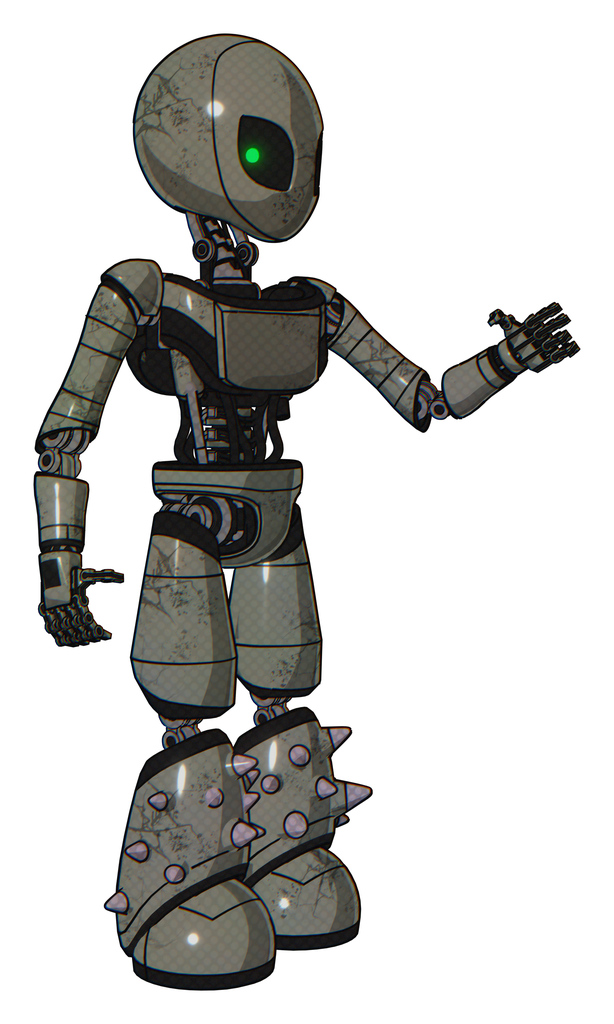 Automaton containing grey alien style head and green inset eyes and light chest exoshielding and ultralight chest exosuit and light leg exoshielding and spike foot mod. Concrete grey metal.