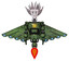 Droid containing humanoid face mask and war paint and light chest exoshielding and yellow star and cherub wings design and jet propulsion. Grunge grass green. Front view.