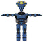 Mech containing flat elongated skull head and yellow eyeball array and light chest exoshielding and chest green blue lights array and rocket pack and prototype exoplate legs. Blue halftone. T-pose.