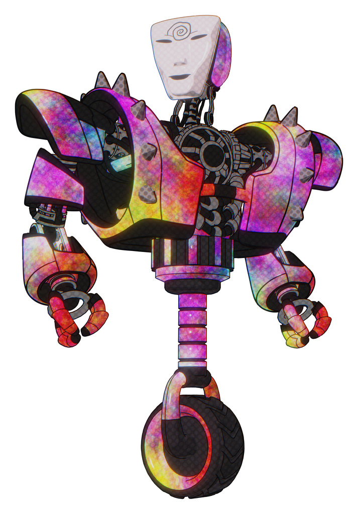 Cyborg containing humanoid face mask and spiral design and heavy upper chest and heavy mech chest and shoulder spikes and unicycle wheel. Plasma burst. Hero pose.