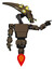 Droid containing flat elongated skull head and yellow eyeball array and light chest exoshielding and prototype exoplate chest and jet propulsion. Light brown halftone.