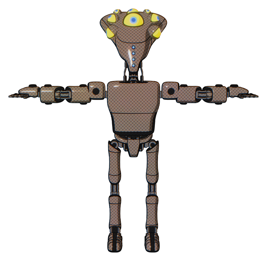 Automaton containing flat elongated skull head and yellow eyeball array and light chest exoshielding and prototype exoplate chest and ultralight foot exosuit. Khaki halftone. T-pose.
