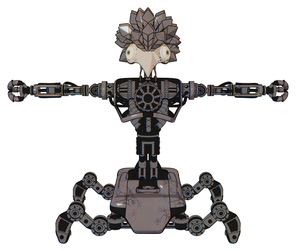 Droid containing bird skull head and bone skull eye holes and bird feather design and heavy upper chest and no chest plating and insect walker legs. Light pink beige. T-pose.