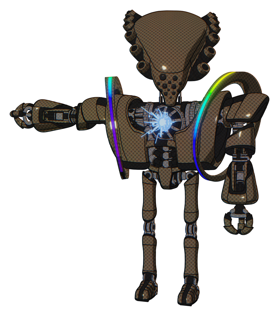 Robot containing flat elongated skull head and heavy upper chest and heavy mech chest and spectrum fusion core chest and ultralight foot exosuit. Light brown halftone.