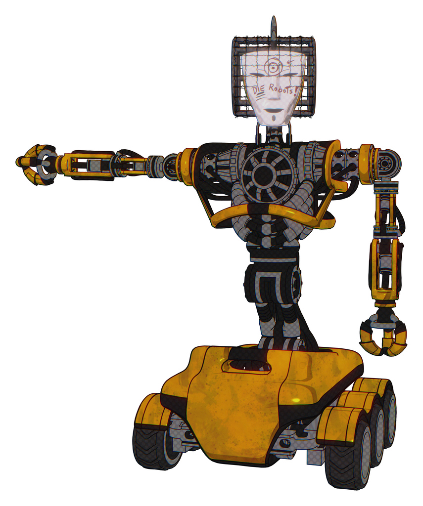 Bot containing humanoid face mask and die robots graffiti design and heavy upper chest and no chest plating and six-wheeler base. Worn construction yellow. Arm out holding invisible object..