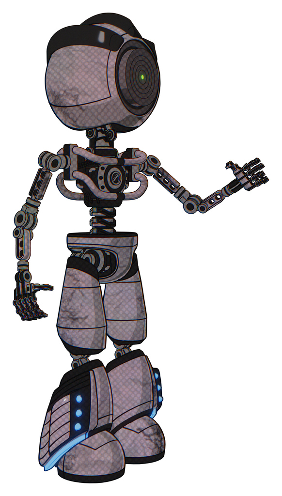 Mech containing green dot eye corn row plastic hair and light chest exoshielding and no chest plating and light leg exoshielding and megneto-hovers foot mod. Dark dirty scrawl sketch. Interacting.