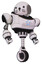 Bot containing round head and heavy upper chest and circle of blue leds and unicycle wheel and cat face. White halftone toon. Hero pose.