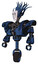 Droid containing humanoid face mask and war paint and heavy upper chest and heavy mech chest and unicycle wheel. Grunge dark blue. Standing looking right restful pose.