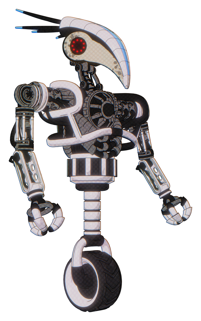 Bot containing bird skull head and red led circle eyes and head shield design and heavy upper chest and no chest plating and unicycle wheel. White halftone toon. Facing left view.