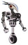 Bot containing bird skull head and red led circle eyes and head shield design and heavy upper chest and no chest plating and unicycle wheel. White halftone toon. Facing left view.