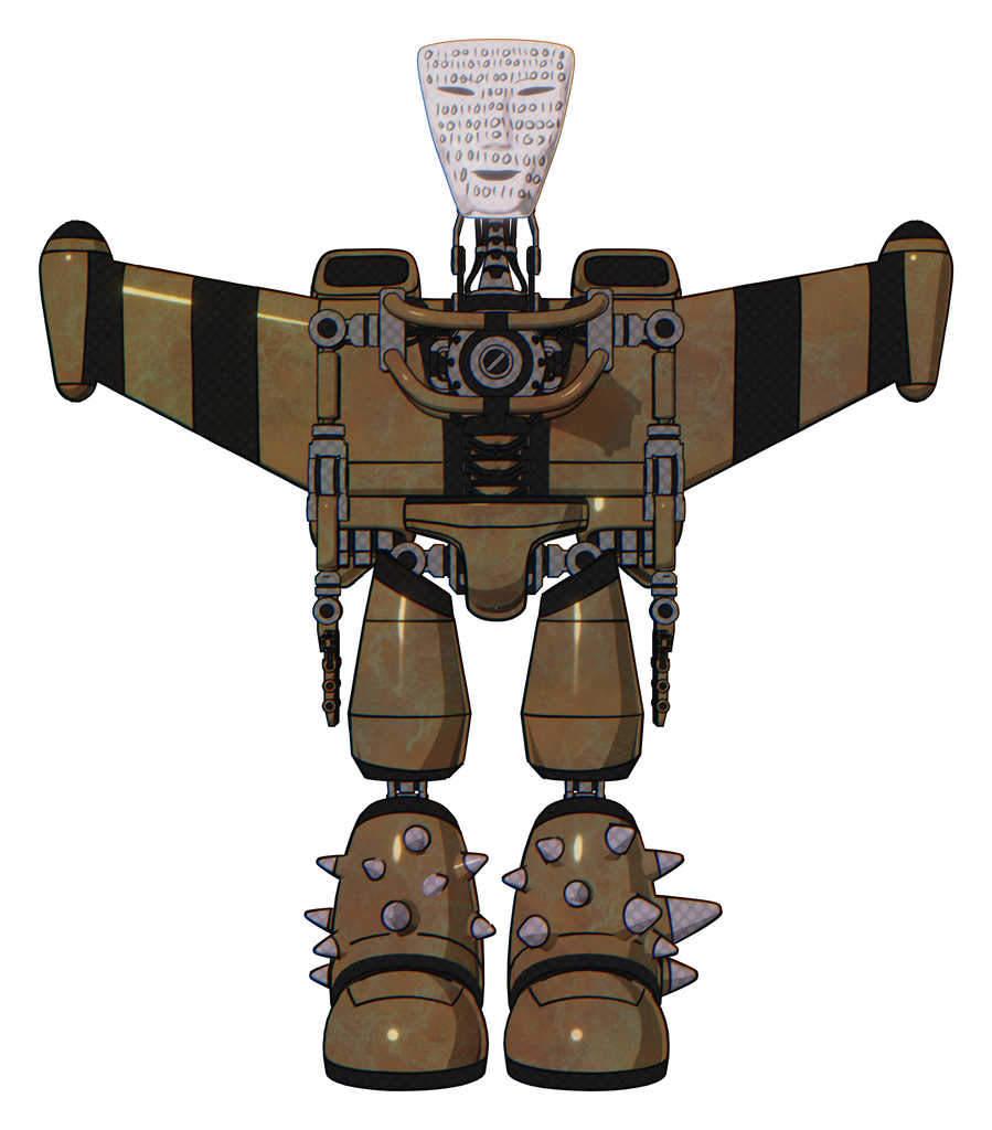 Droid containing humanoid face mask and binary war paint and light chest exoshielding and stellar jet wing rocket pack and no chest plating and light leg exoshielding and spike foot mod. Old copper.