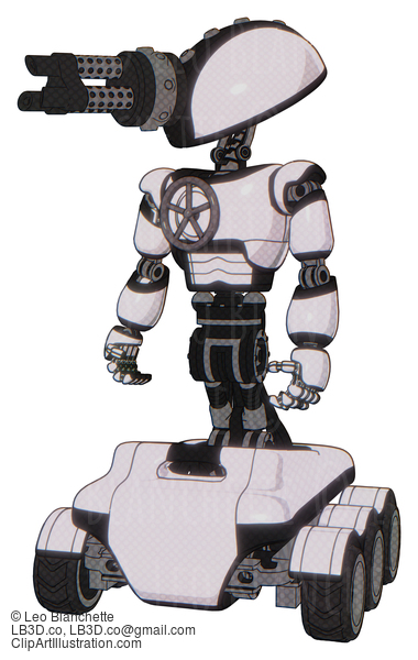 Android Containing Gatling Gun Face Design And Light Chest Exoshielding And Chest Valve Crank And Six-Wheeler Base. White Halftone Toon. Standing Looking Right Restful Pose. #16925