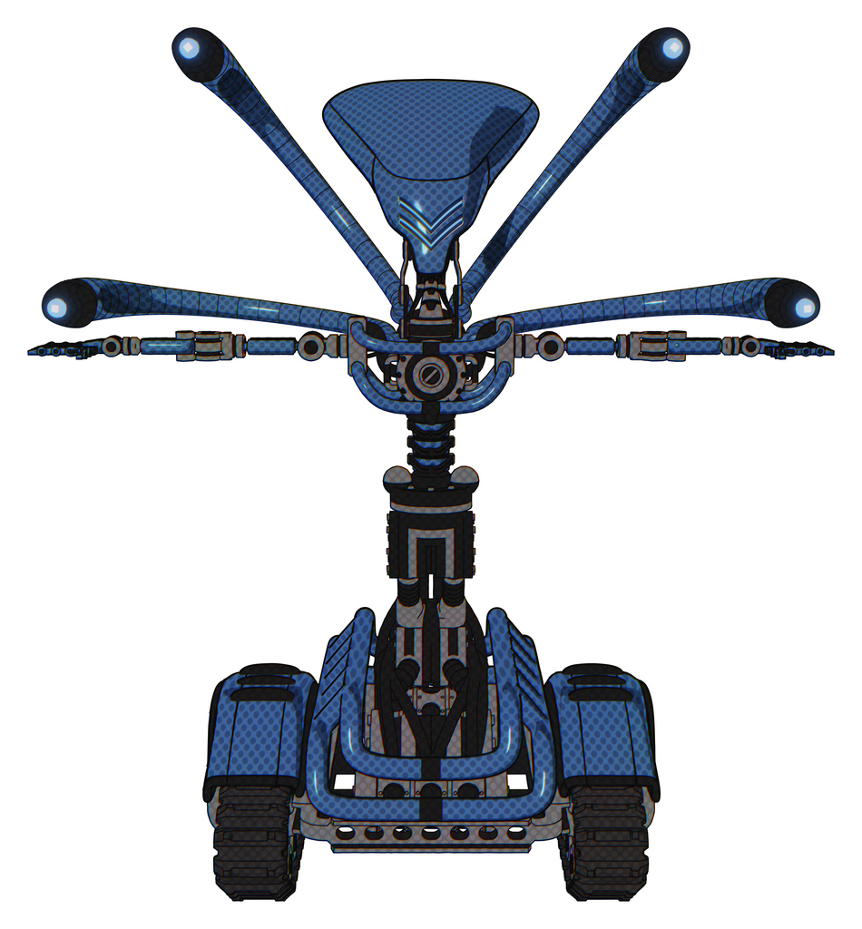 Cyborg containing flat elongated skull head and light chest exoshielding and blue-eye cam cable tentacles and no chest plating and tank tracks. Blue halftone. T-pose.