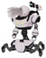 Bot containing round fiber optic connectors head and heavy upper chest and colored lights array and insect walker legs. White halftone toon. Standing looking right restful pose.