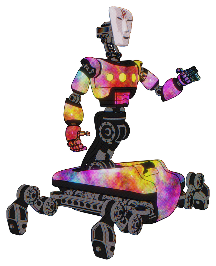 Cyborg containing humanoid face mask and red slashes war paint and light chest exoshielding and yellow chest lights and insect walker legs. Plasma burst. Interacting.