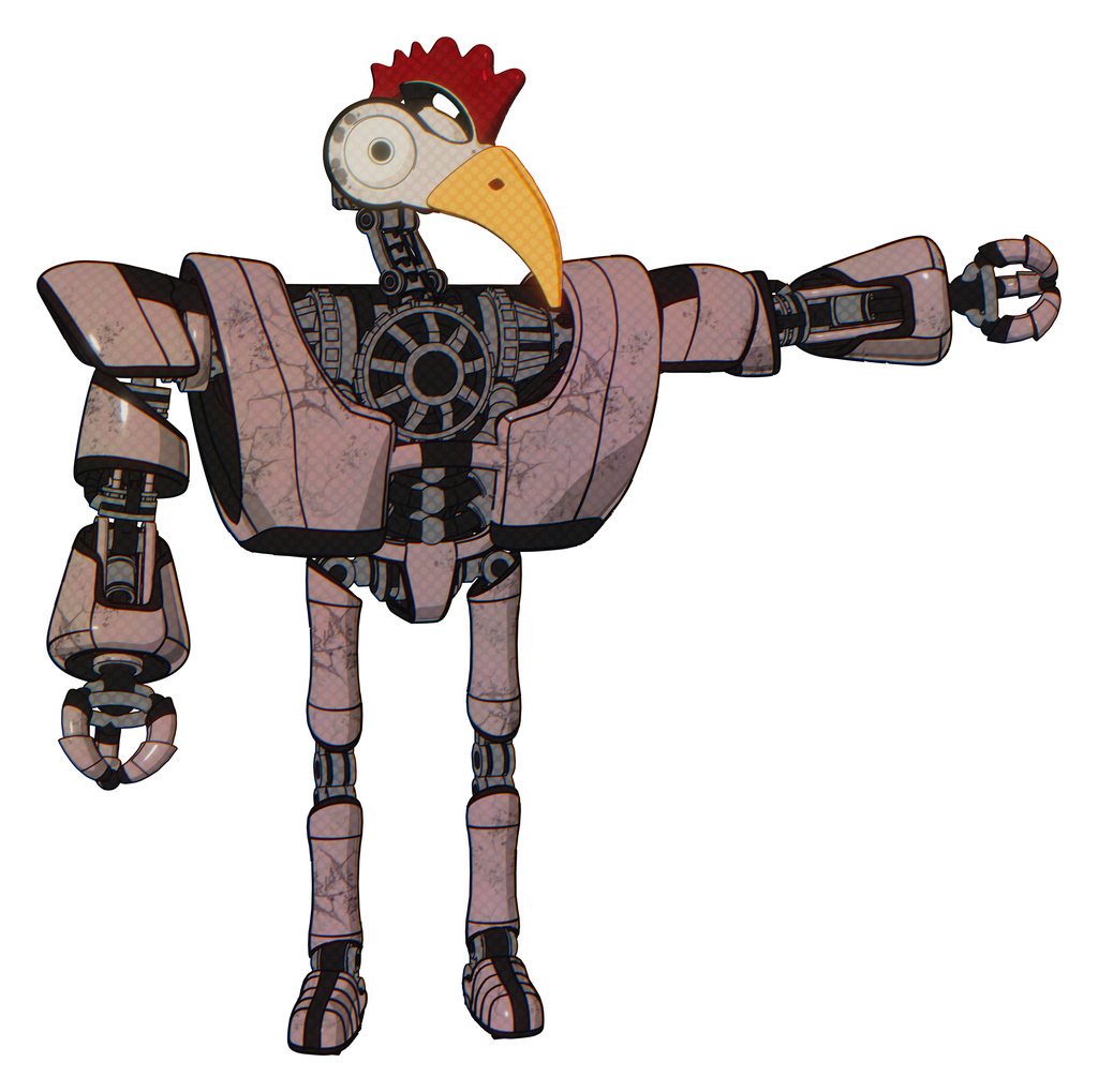 Bot containing bird skull head and bone skull eye holes and chicken design and heavy upper chest and heavy mech chest and ultralight foot exosuit. Powder pink metal.