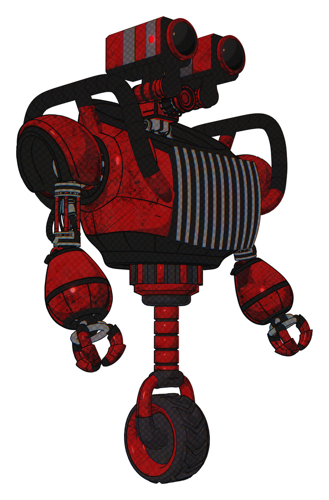 Robot containing dual retro camera head and heavy upper chest and chest vents and unicycle wheel. Red blood grunge material. Facing left view.