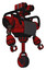Robot containing dual retro camera head and heavy upper chest and chest vents and unicycle wheel. Red blood grunge material. Facing left view.