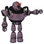 Mech containing grey alien style head and black eyes and heavy upper chest and light leg exoshielding. Lilac metal. Pointing left or pushing a button..