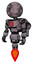 Mech containing dots array face and light chest exoshielding and red chest button and rocket pack and jet propulsion. Sketch pad cloudy smudges. Standing looking right restful pose.