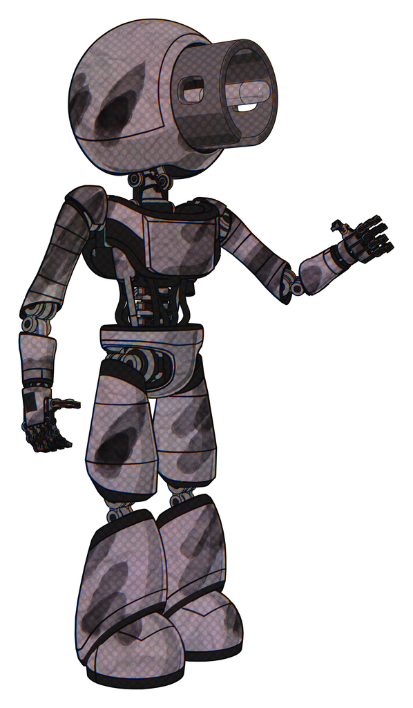 Robot containing cable connector head and light chest exoshielding and ultralight chest exosuit and light leg exoshielding. Sketch pad wet ink smudge. Interacting.