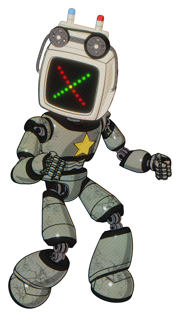 Bot containing old computer monitor and colored x display and old computer magnetic tape and light chest exoshielding and yellow star and light leg exoshielding. Green metal. Fight or defense pose..