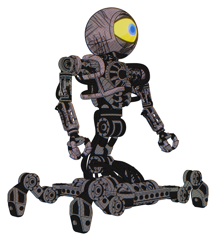 Cyborg containing giant eyeball head design and heavy upper chest and no chest plating and insect walker legs. Dark sketchy. Facing left view.