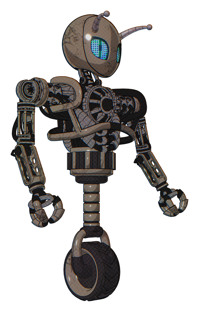 Droid containing grey alien style head and blue grate eyes and bug antennas and heavy upper chest and no chest plating and unicycle wheel. Patent khaki metal. Facing left view.