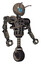 Droid containing grey alien style head and blue grate eyes and bug antennas and heavy upper chest and no chest plating and unicycle wheel. Patent khaki metal. Facing left view.